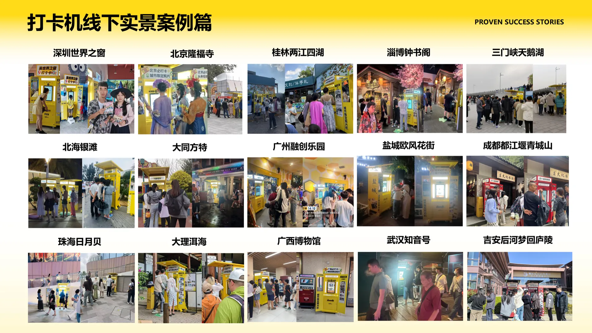 打卡机在全国多家知名景区的实景投放(世界之窗、雍和宫、桂林两江四湖、洱海、都江堰青城山等)